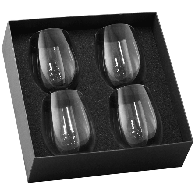 A wine glass set featuring four clear stemless glasses, presented in a sleek black box.