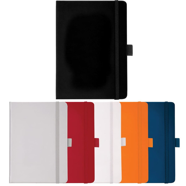 A collection of Vienna Hard Bound JournalBooks in black, white, grey, red, orange, and blue, featuring a logo.