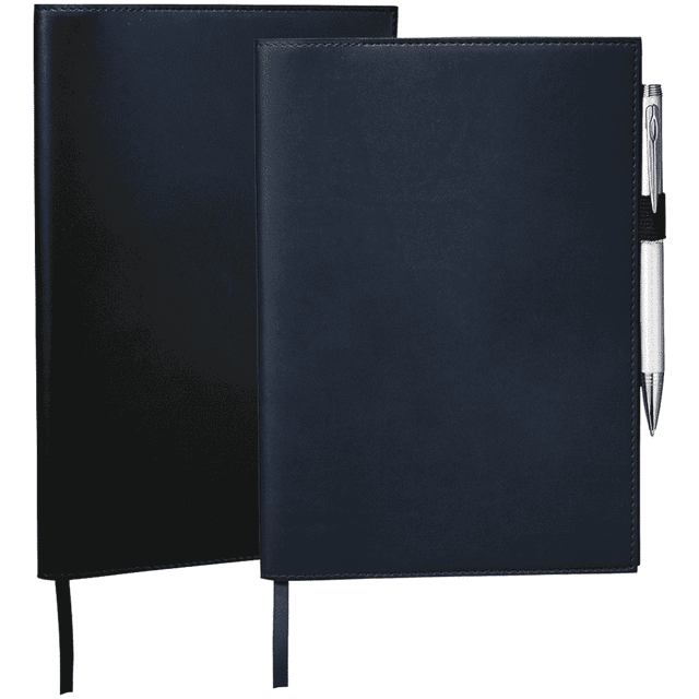 A pair of refillable journal books in black and navy, featuring a sleek design and a pen attached.