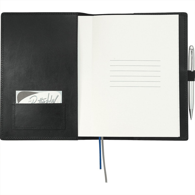 A black refillable leather journal with blank pages, a pocket for cards, and a pen attached.