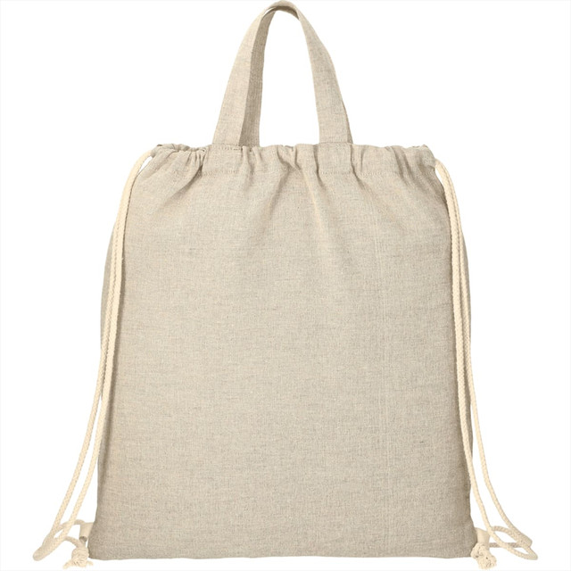 A neutral-coloured recycled cotton drawstring bag with rope closures and short handles, featuring a logo.