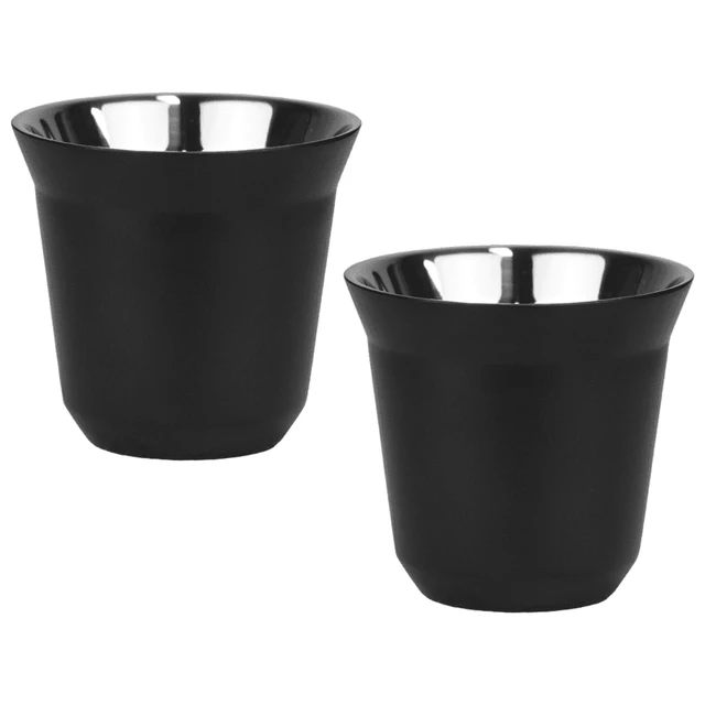 A set of two recycled espresso cups in matte black with stainless steel interiors, featuring a logo.