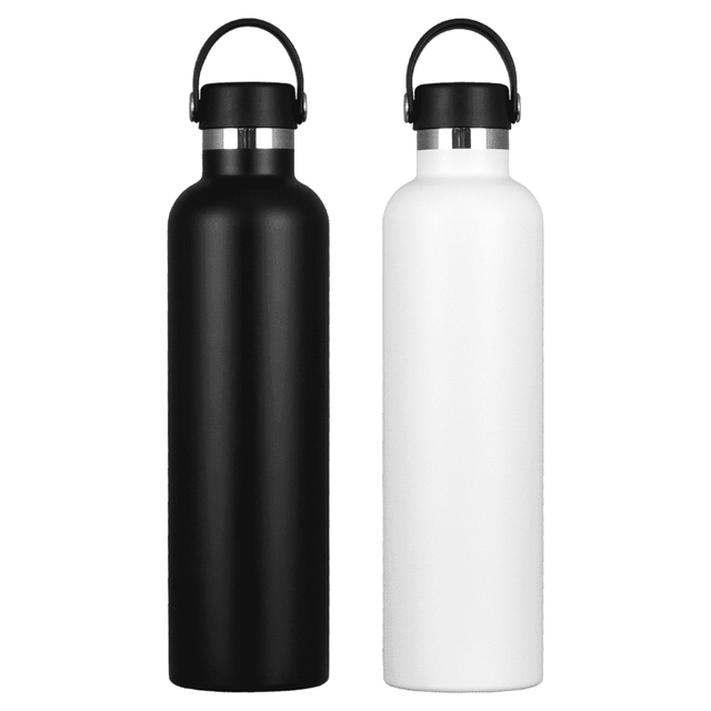 A drink bottle set featuring a matte black and a matte white stainless steel design, each with a handle and a branding logo.