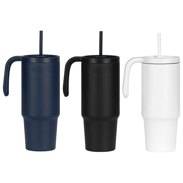 A drink bottle set featuring three tumblers in navy, black, and white, each with a handle and a straw.