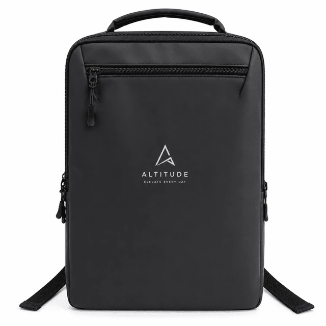 A black backpack with a minimalist design, featuring a logo and multiple zippers for storage.