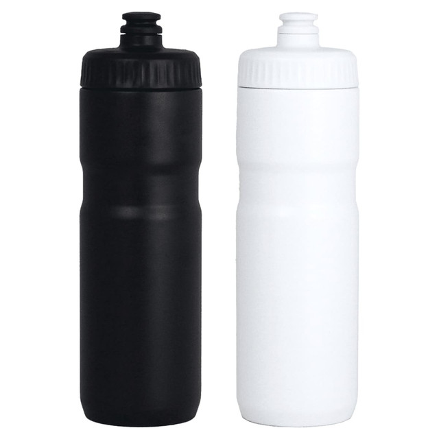 A drink bottle set featuring one black and one white 750ml bottle, both with screw-on lids and logos.