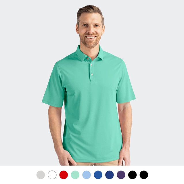 A men's polo shirt in a vibrant mint green with a collar and buttons, featuring a logo. Available in multiple colours.