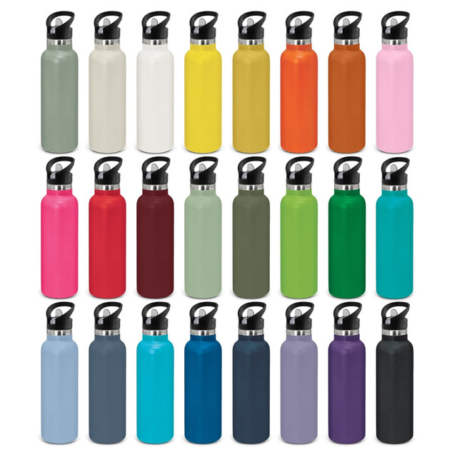 A drink bottle collection featuring various colours, including white, yellow, green, pink, and blue, with a logo on each.