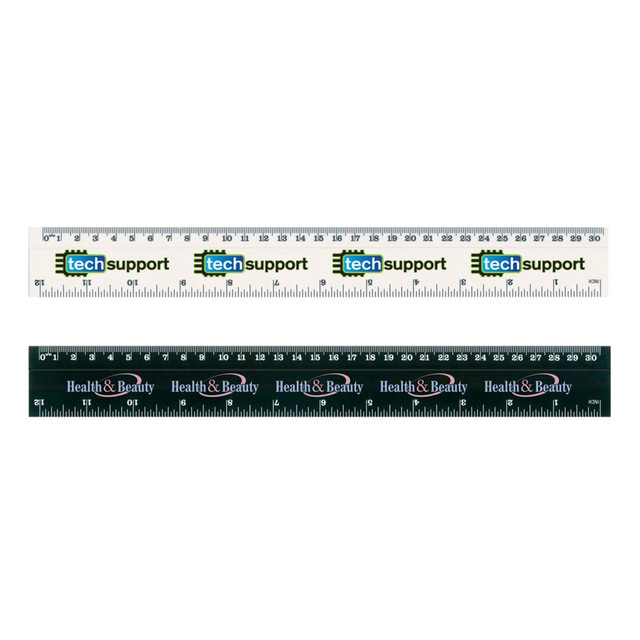 A white and black flip ruler featuring tech support and health & beauty branding in multi-coloured text.