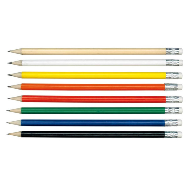 A collection of eight pencils in various colours: red, yellow, green, blue, black, and white, with silver ferrules.