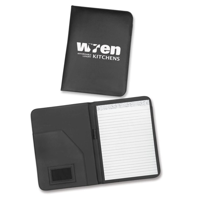 A black portfolio featuring a logo, with an interior pocket and a lined notepad.