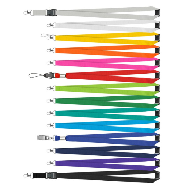 A variety of custom printed lanyards in multiple colours, featuring clips and attachments.