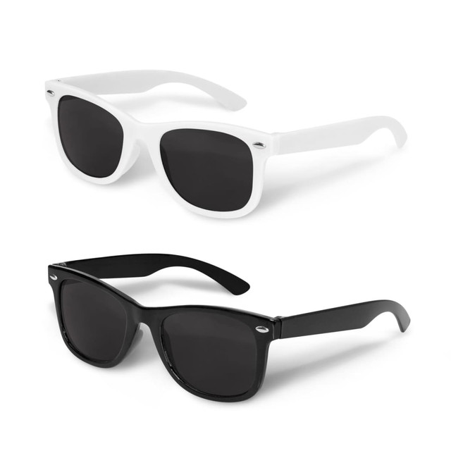 Malibu Kids Sunglasses featuring a pair of stylish sunglasses in white and black frames, both with dark lenses.