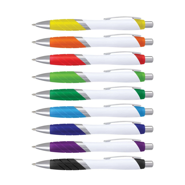 A set of plastic pens with white barrels and brightly coloured grips in various hues, featuring a logo.