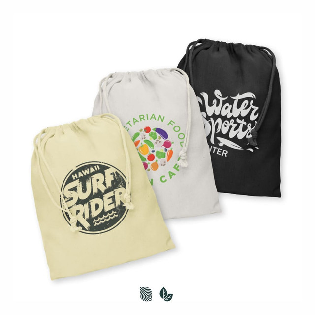 Three medium cotton gift bags in cream, light grey, and black, each featuring a logo or branding design.