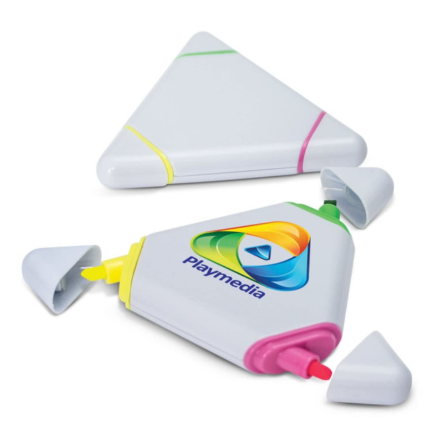 A set of triangular highlighters in pink, yellow, and green, featuring a logo on the main body.
