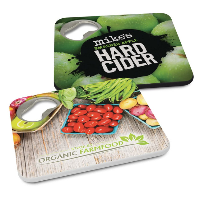A drink bottle opener in green and white, featuring fruit designs and a logo on either side.