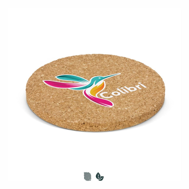 A round cork coaster in a natural colour featuring a colourful hummingbird logo.