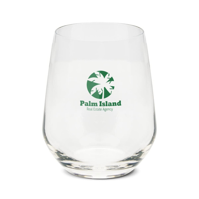 A clear stemless glass featuring a logo. Ideal for enjoying beverages.