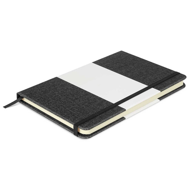 A notebook featuring a grey fabric cover with a white stripe and an elastic band closure. It has a logo on the front.