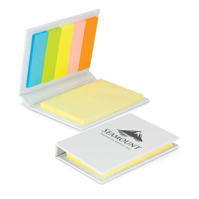 A sticky note pad featuring multiple vibrant colours, including yellow, orange, green, and blue, with a logo on the cover.