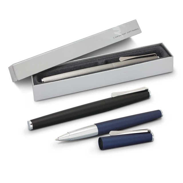 A sleek black and silver Lamy Studio rolling ball pen alongside a blue capped pen, presented in a stylish box.