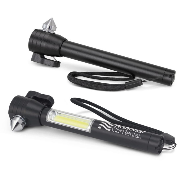A black multi-tool with a flashlight, pointing tool, and a strap featuring a logo.