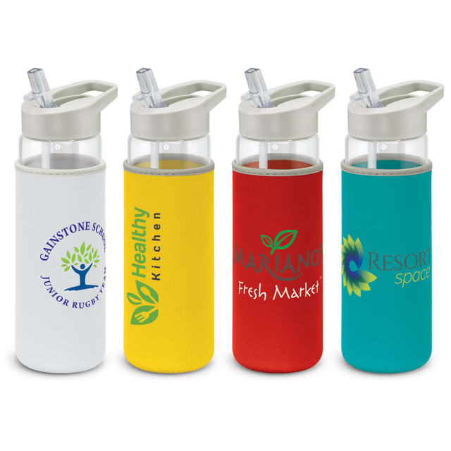 A drink bottle with a clear glass body and colourful neoprene sleeves in white, yellow, red, and teal. Each has a logo.