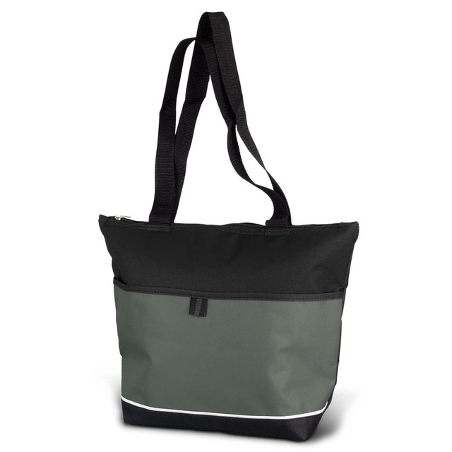 A lunch cooler bag in black and olive green with a zip closure and two straps. It features a logo on the front.