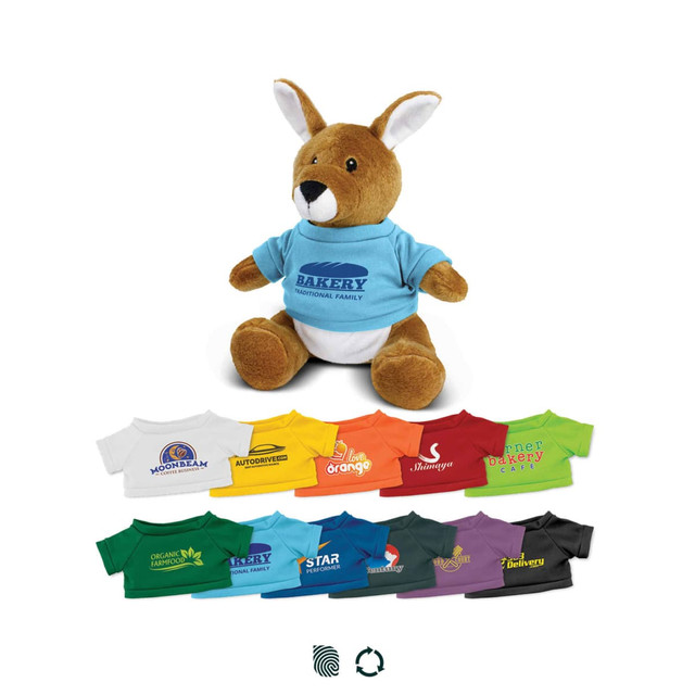 A plush kangaroo toy with a blue T-shirt, surrounded by various colourful miniature T-shirts in different hues.