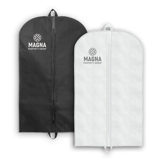 Two garment bags in black and white, featuring a logo on each, with a zip closure and hanging loops.