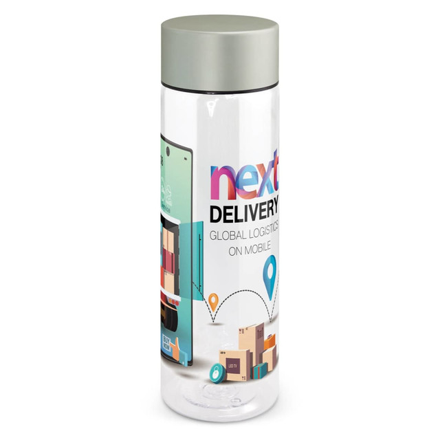 A drink bottle featuring a clear body, grey lid, and a design with logistics graphics and a logo.