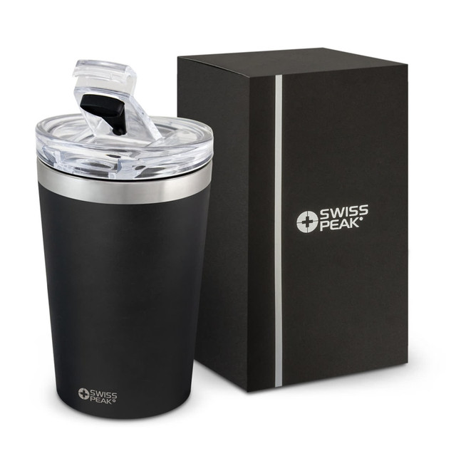 A drink bottle in black with a stainless steel band, accompanied by a black box, featuring a clear lid.