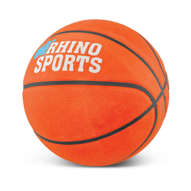 An orange basketball with black detailing and a logo. The surface has a textured grip.
