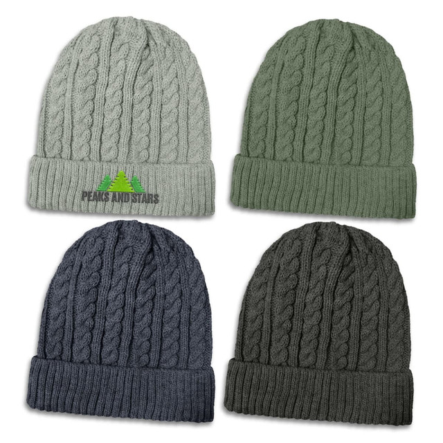 A set of four knitted beanies in grey, dark green, navy, and charcoal, featuring a logo on one beanie.