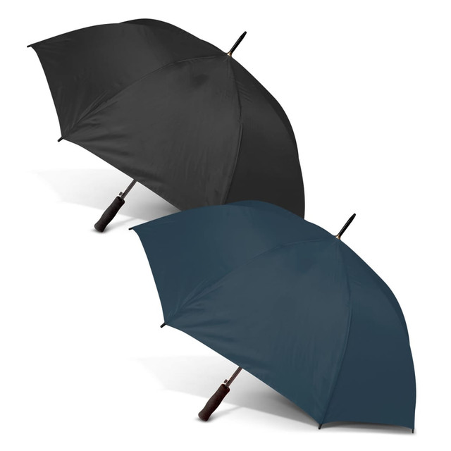 Two umbrellas, one in black and one in dark teal, featuring a curved handle and a branding logo.