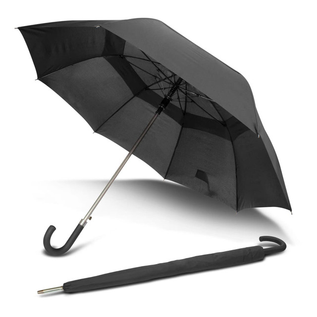 A black umbrella with a curved handle, displayed open, alongside its matching black travel cover.