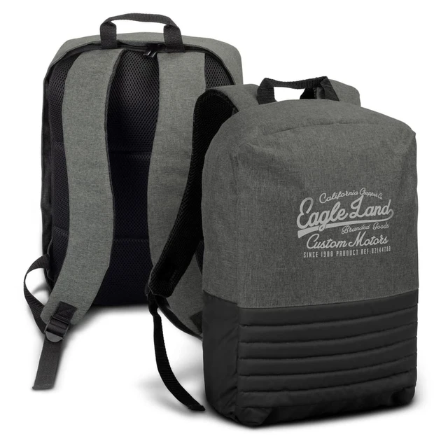A green and black backpack featuring a logo on the front and padded shoulder straps.