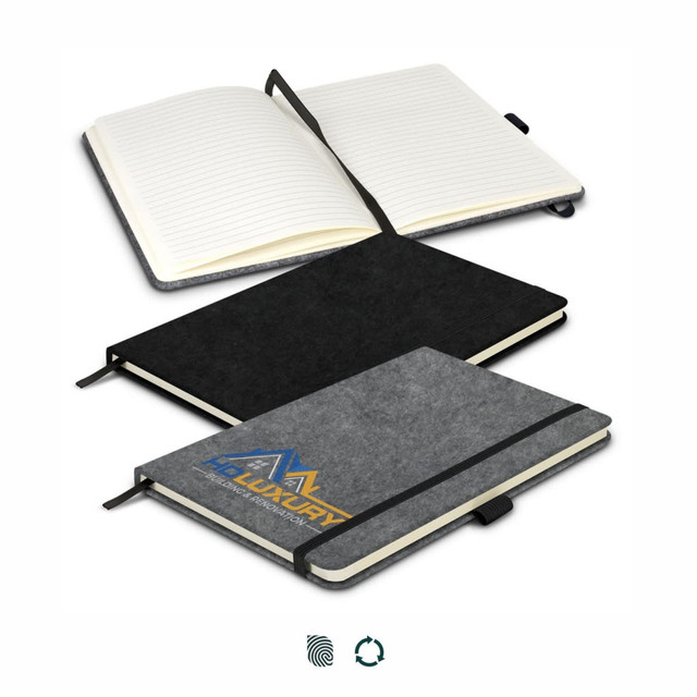 A grey felt hard cover notebook with an elastic band, featuring an open and closed view. It has a logo on the cover.
