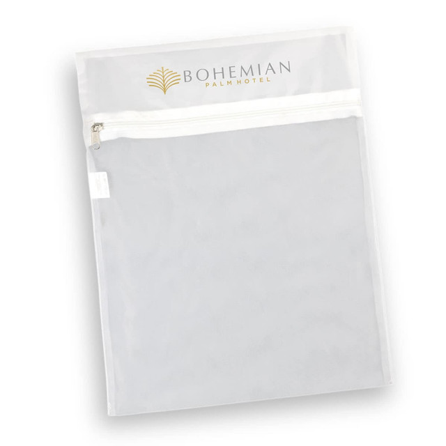 A translucent white mesh laundry bag with a zip closure and a logo at the top.