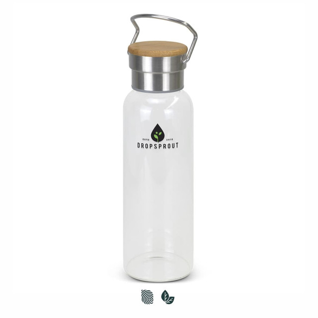 A drink bottle with a clear glass body, stainless steel lid, and a wooden top, featuring a logo.