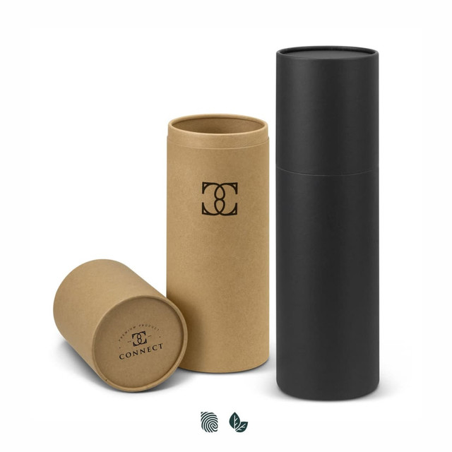 A drink bottle gift tube set featuring a black tube and a brown Kraft tube, both with logos.
