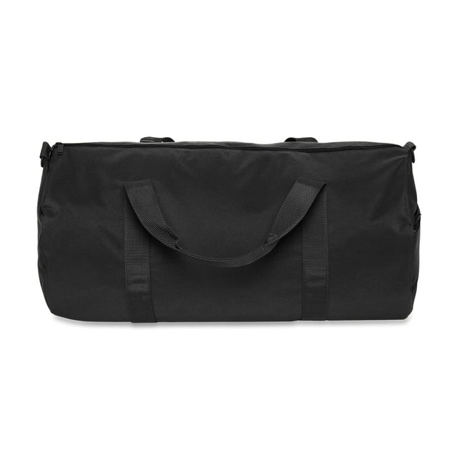 A black duffel bag with two handles and a zip closure, featuring a simple design and a logo.