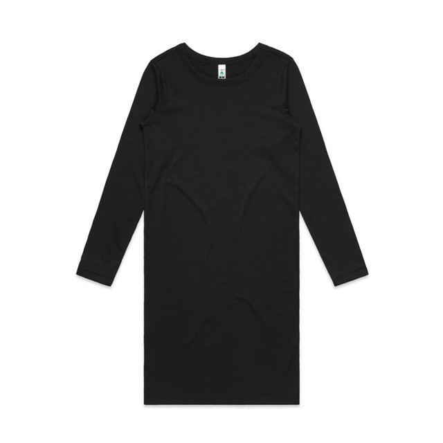 A black long-sleeve dress with a simple, sleek design and a tag featuring a logo.