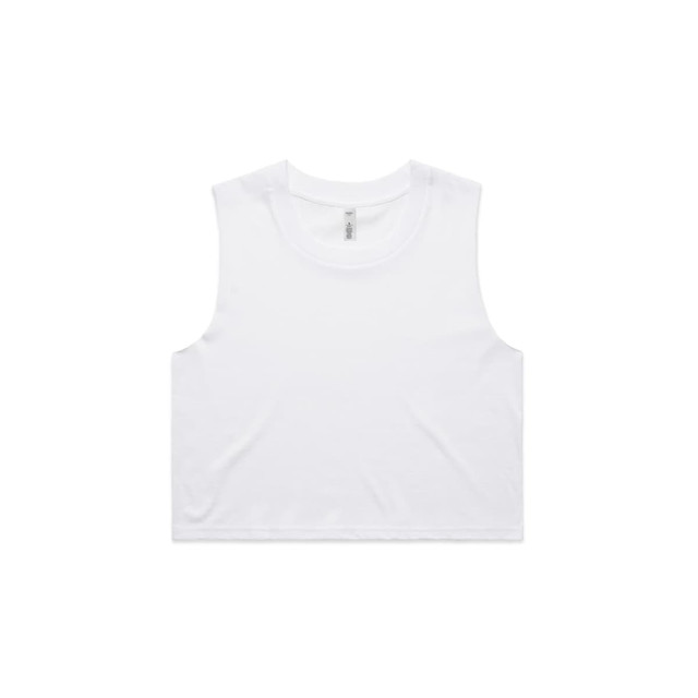 A white crop tank top with a round neckline and no sleeves, featuring a small logo.