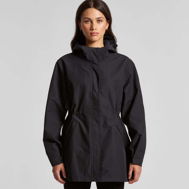 A soft shell jacket in black with a zippered front, adjustable waist, and a hood, featuring a logo.