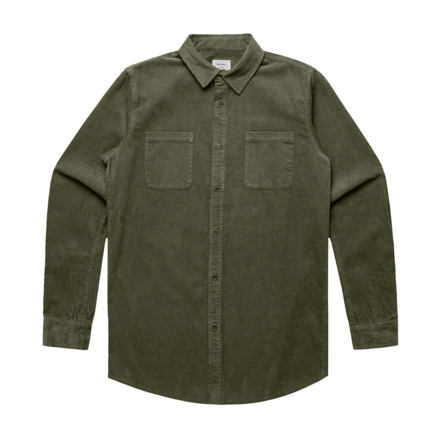 A button-up cord shirt in olive green with two chest pockets and a collared neckline. It features long sleeves and a logo.