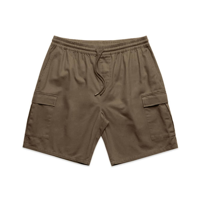 Cargo shorts in a rich brown colour feature an elastic waistband and multiple side pockets. There is a logo present.