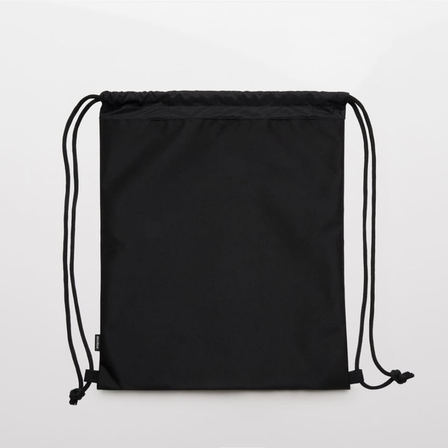 A black drawstring bag made from recycled materials, featuring a simple design and a logo.
