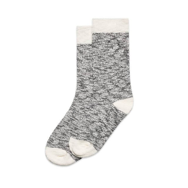 A pair of grey slub socks with cream accents. Includes two pairs in total. Features a logo on the band.